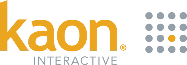 Logo of 'Kaon Interactive' with stylized orange letters and a symbol of gray and orange dots forming a square grid.