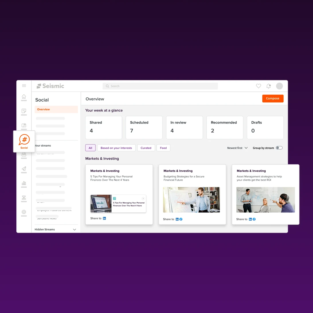 Social media dashboard interface showing weekly overview metrics and curated market content cards.