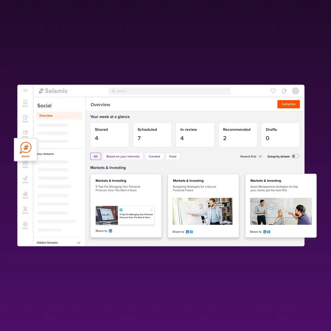 Seismic social dashboard showing weekly overview, scheduled posts, drafts, and market investing content cards